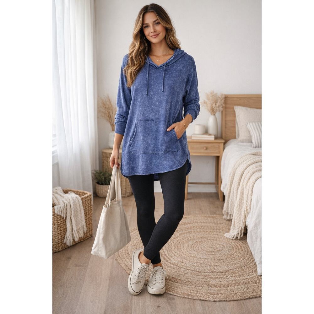 Akini Blue Mineral Wash Hooded Tunic Top Long Sleeve Pullover Size L